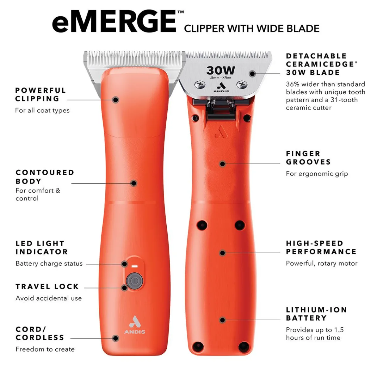 andis_emerge_clipper__orange_with__wide_blade_2.webp Ryan's Pet Supplies Andis eMerge Clipper – Orange with #30 Wide Blade