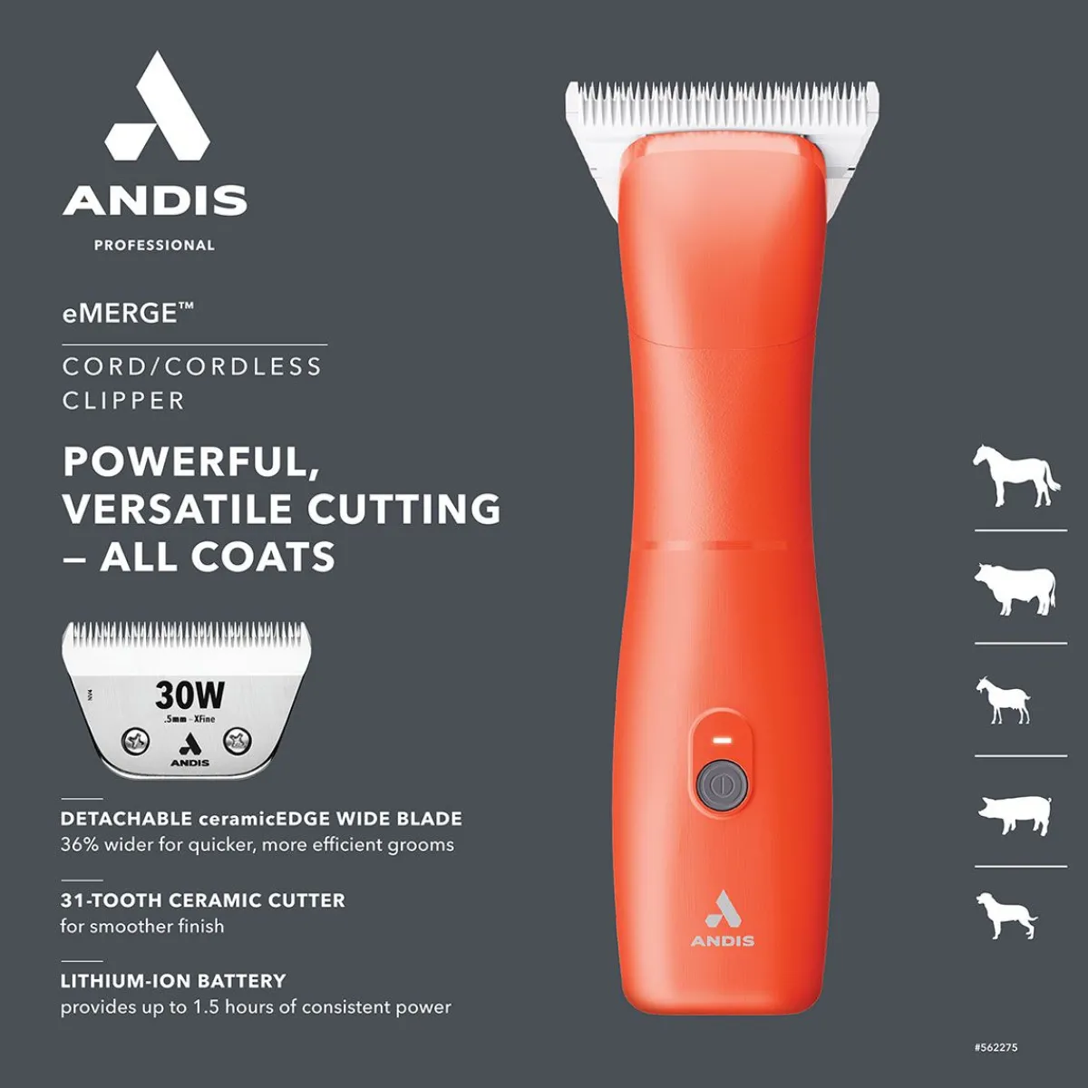 andis_emerge_clipper__orange_with__wide_blade_4.webp Ryan's Pet Supplies Andis eMerge Clipper – Orange with #30 Wide Blade