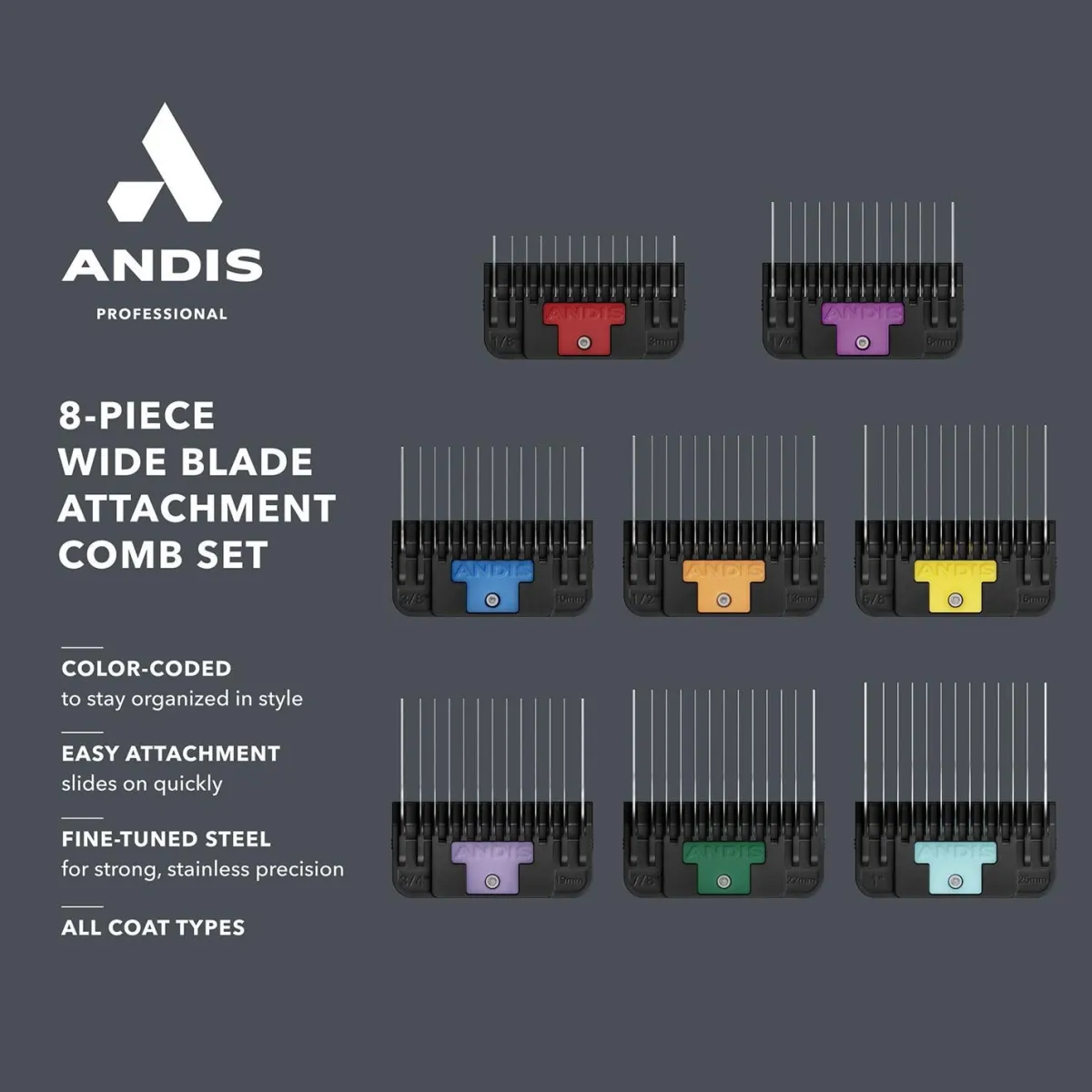 andis_pc_wide_blade_attachment_comb_set_3.webp Ryan's Pet Supplies Andis 8-PC Wide Blade Attachment Comb Set